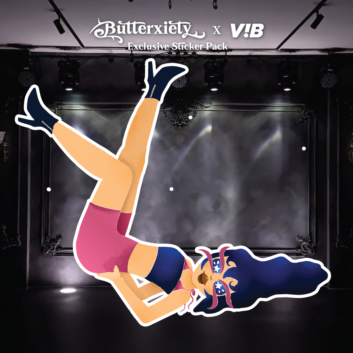 butterxiety heels dance sticker — backbend pose, pink and navy outfit
