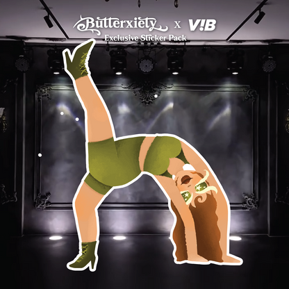 butterxiety heels dance sticker — arched backbend, bridge pose, olive green outfit