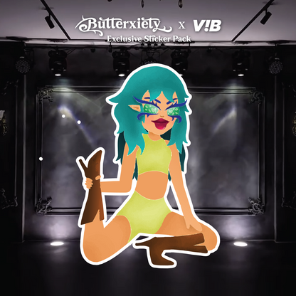 butterxiety heels dance sticker — seated pose, teal hair, holding boot