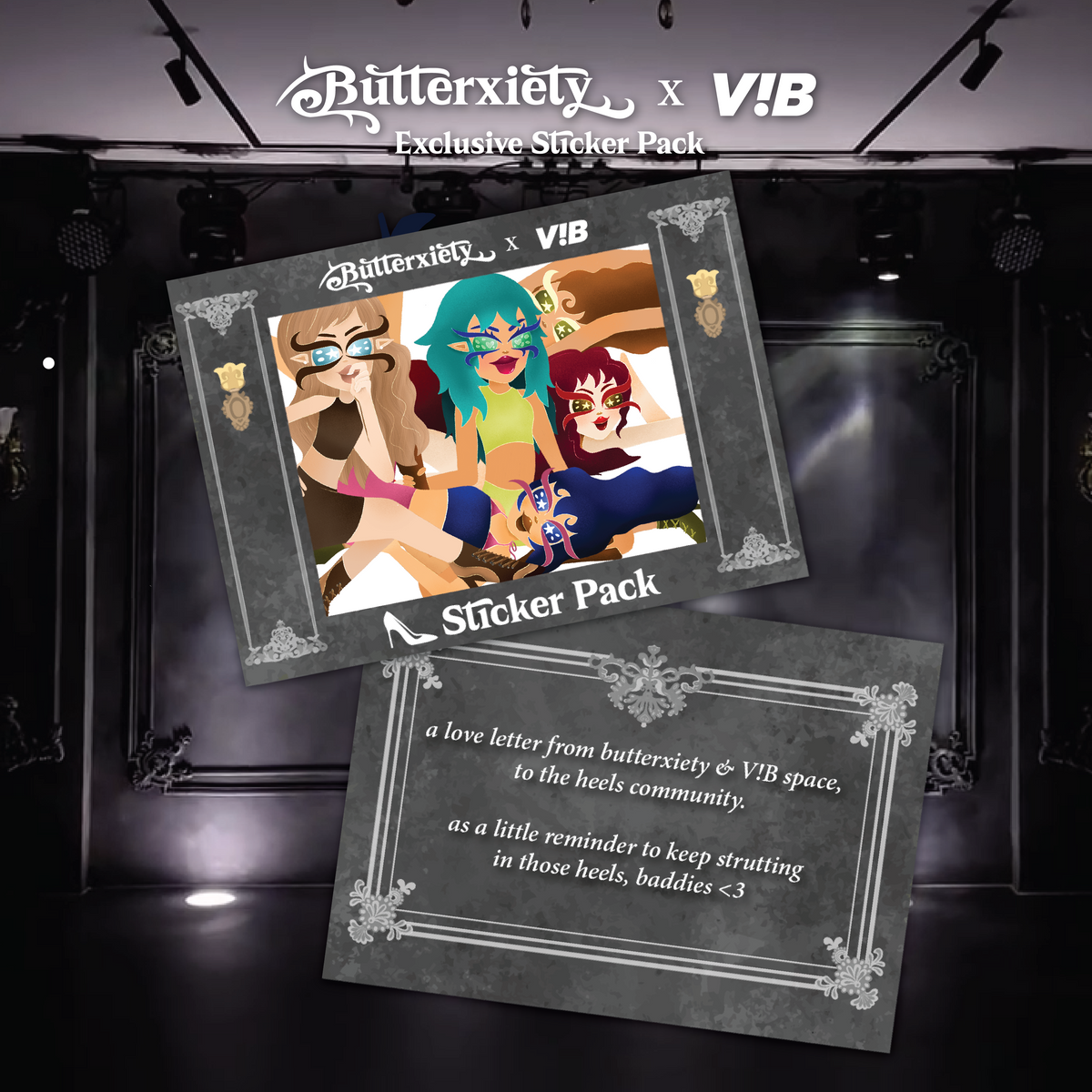 butterxiety x V!B Space sticker pack packaging — heels dance community collab card